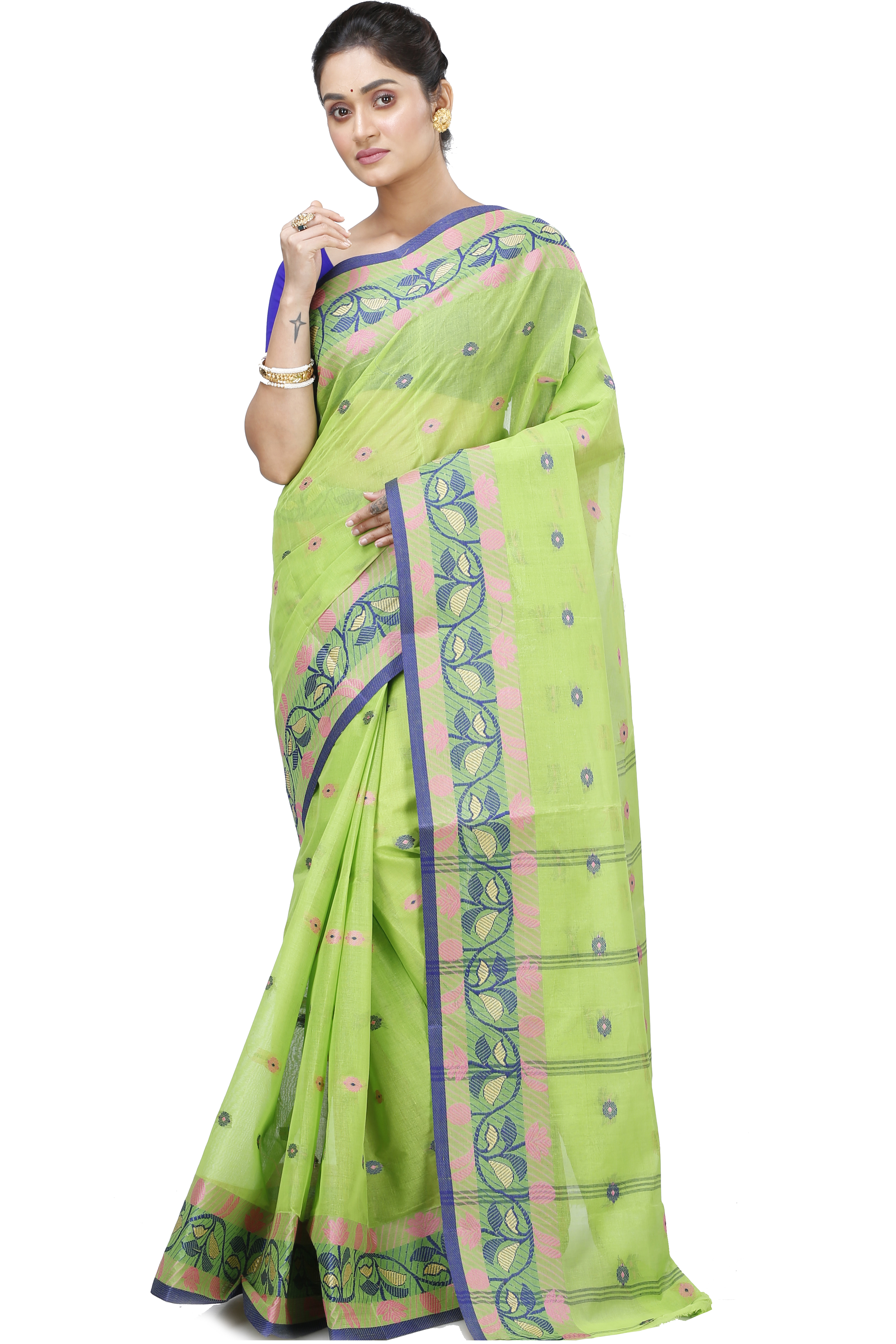 Olive Green Pure Cotton Govindi Tant Saree (938)